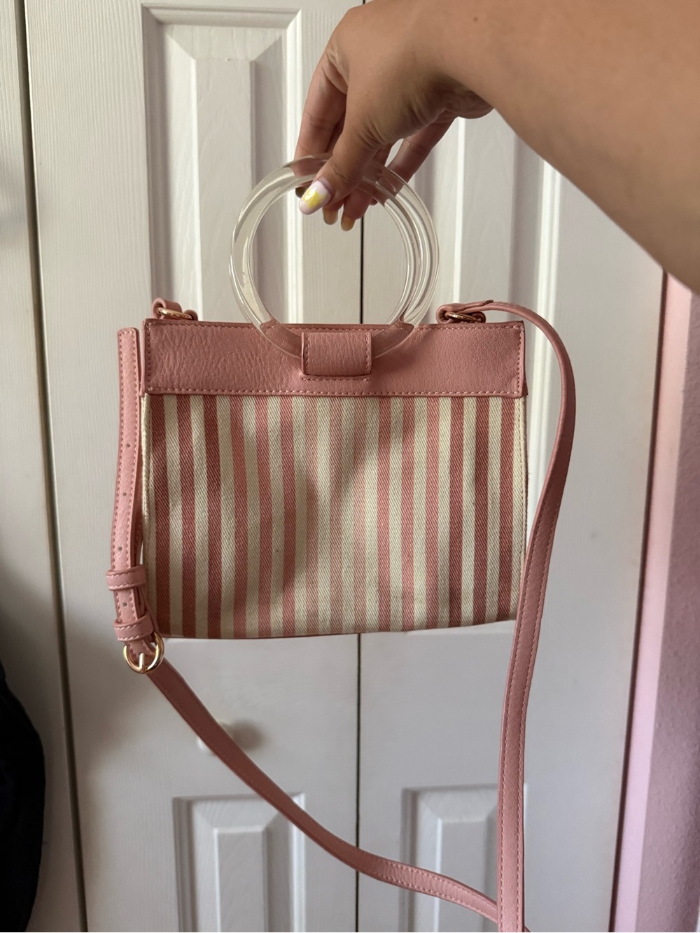 Pink Striped Canvas Crossbody Bag with Clear Handle